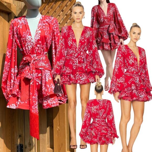 🆕 BRONX & BANCO 🧿 NWOT Bedouin Red Floral Ruffle Tiered Mini Dress, Sz XS US 2 - Picture 1 of 16